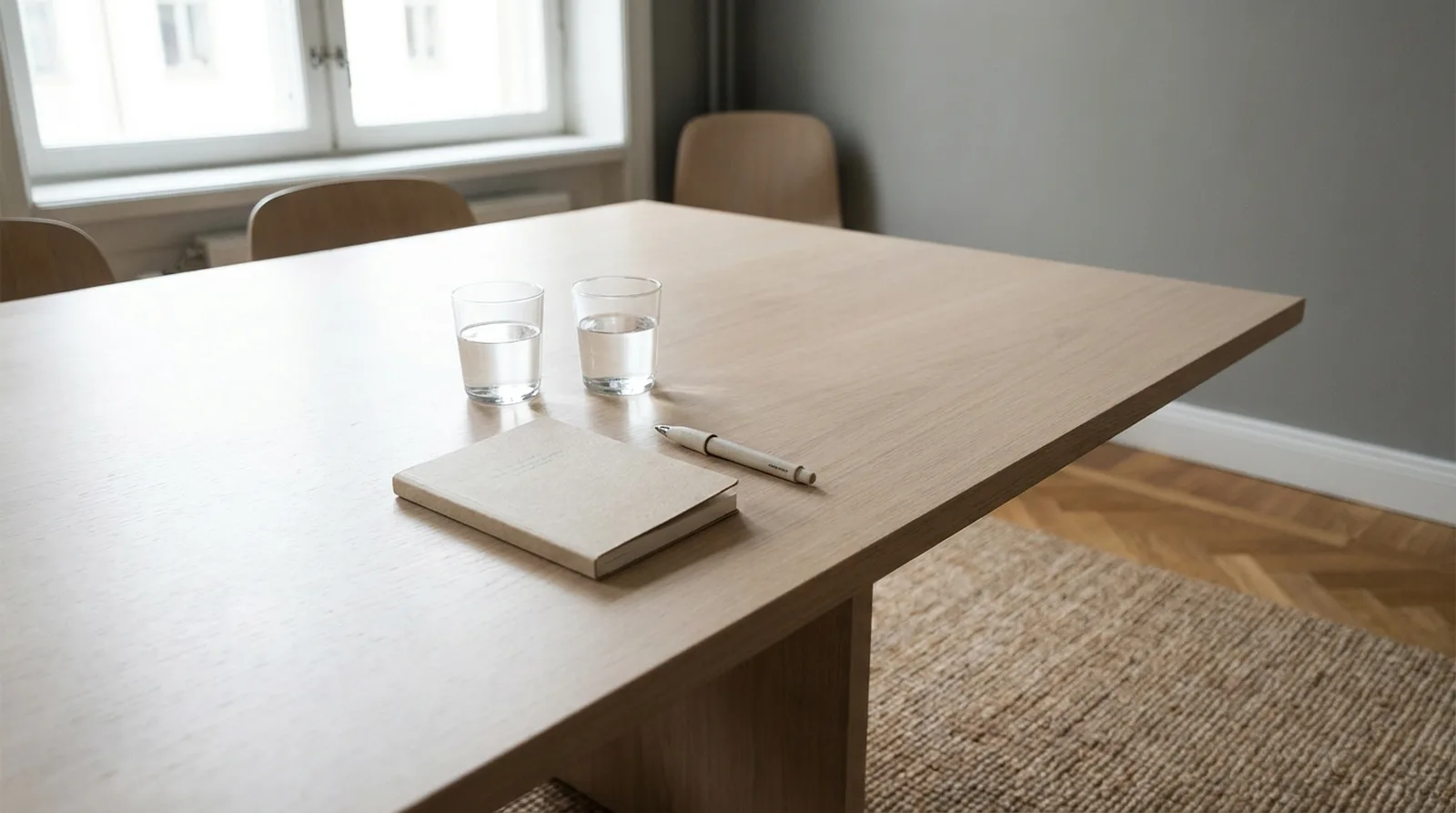 Table de réunion avec deux verres d'eau et un carnet fermé