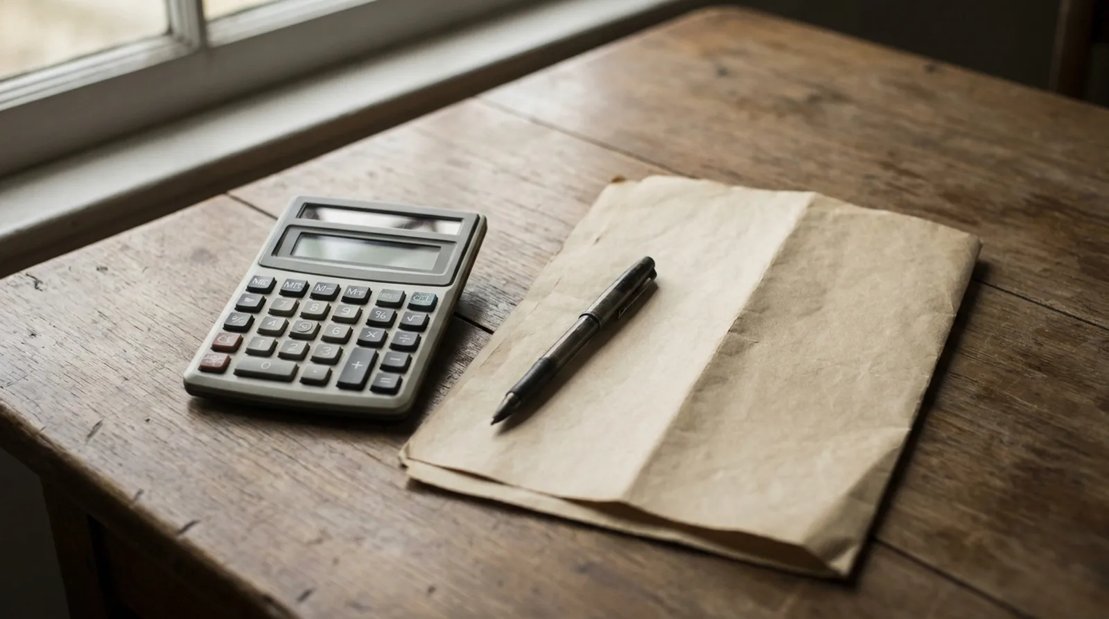 Calculatrice, stylo et document plié sur une table en bois
