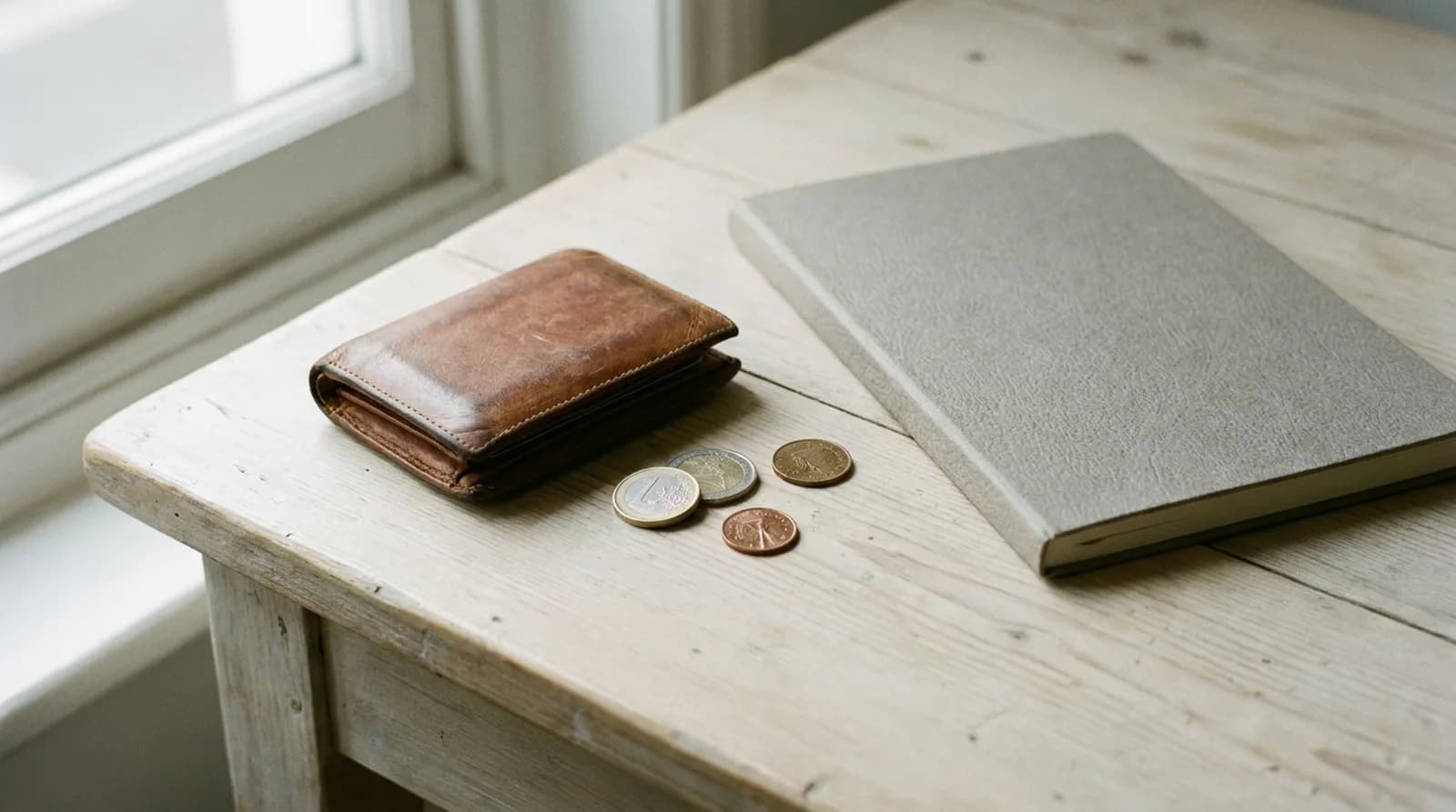 A wallet and a few coins on a desk beside a closed notebook
