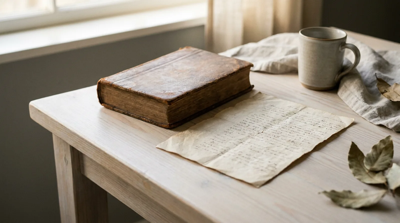 A leather-bound book and a document on a pale wooden table