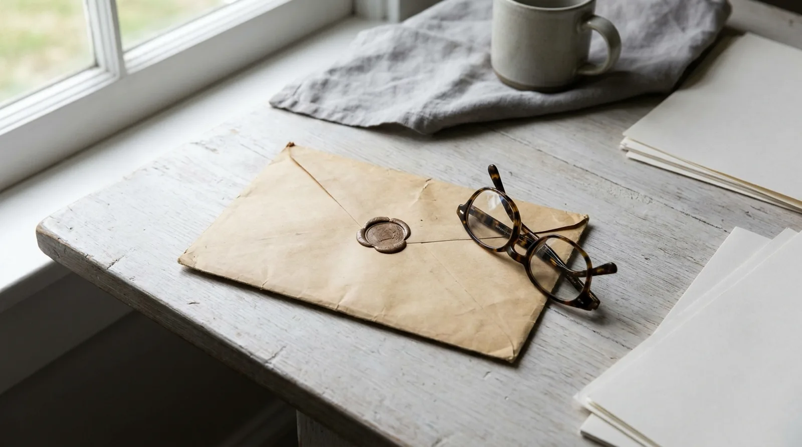 Enveloppe officielle et paire de lunettes sur un bureau, lumière naturelle