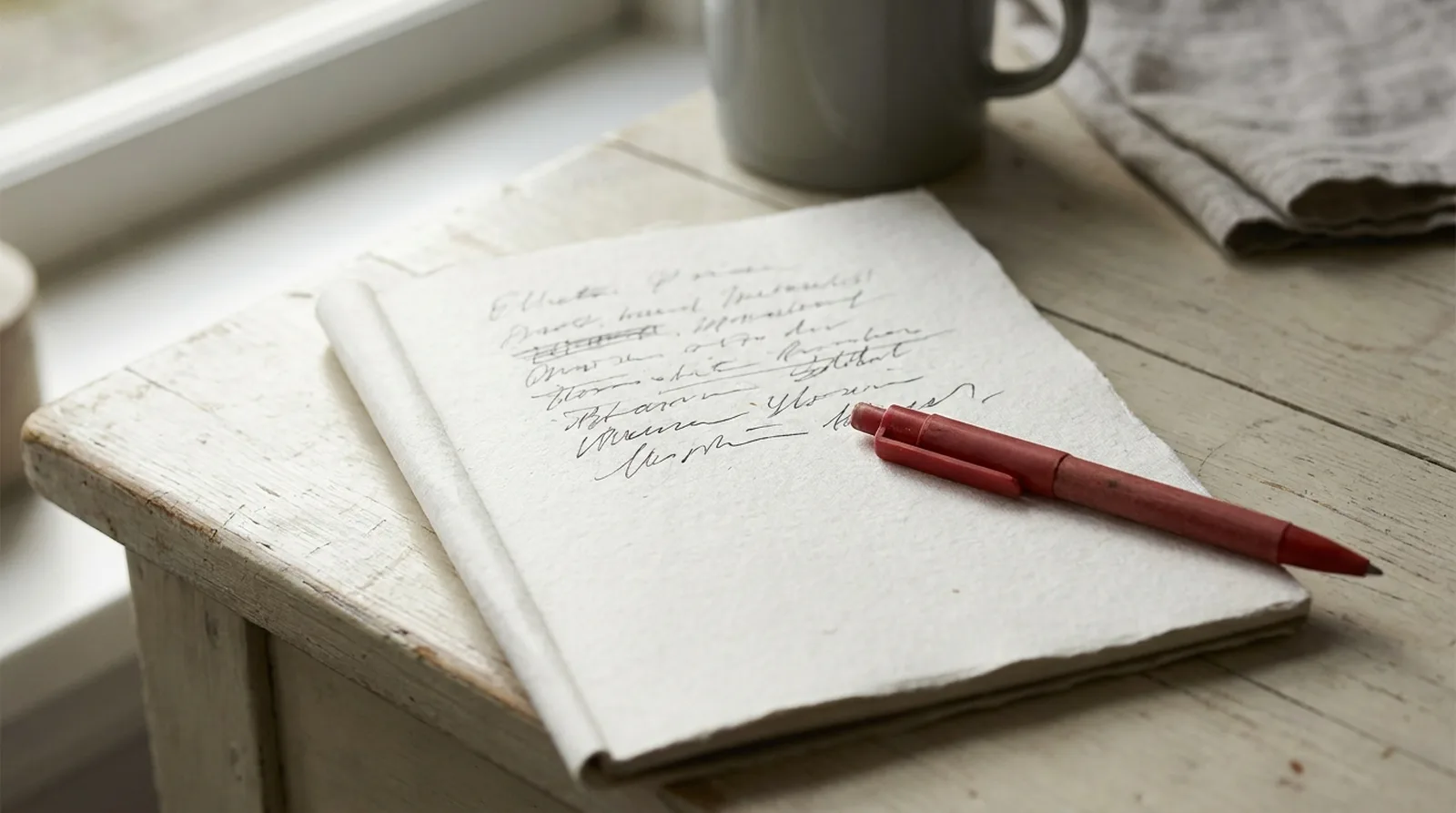 Page imprimée et stylo rouge posé en diagonale sur un bureau clair