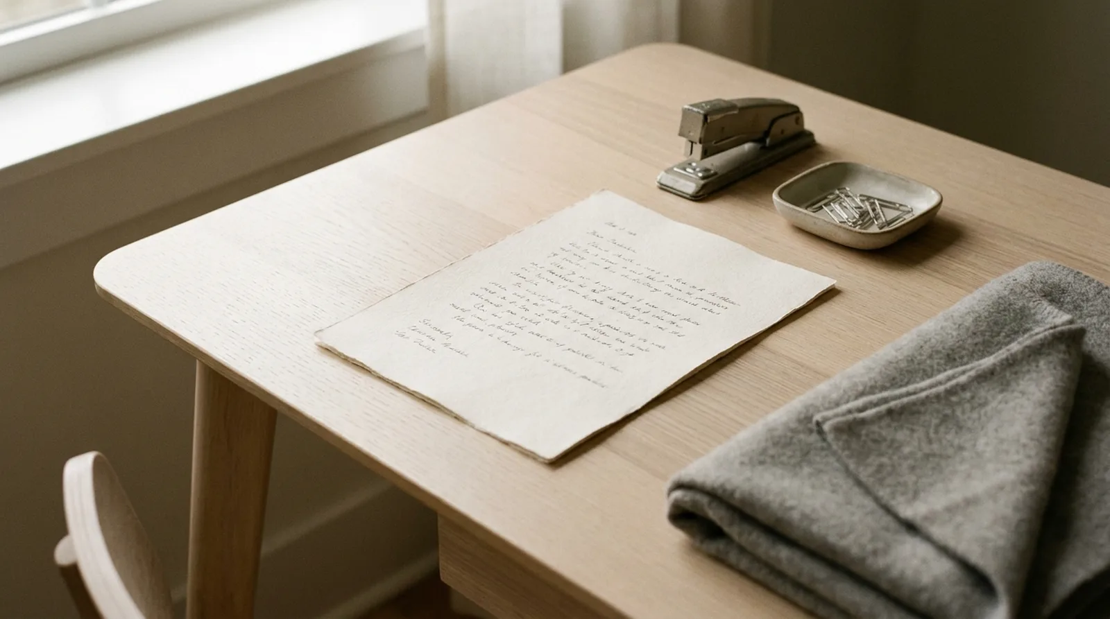 Bureau ordonné avec un document, une agrafeuse et un petit bac à trombones