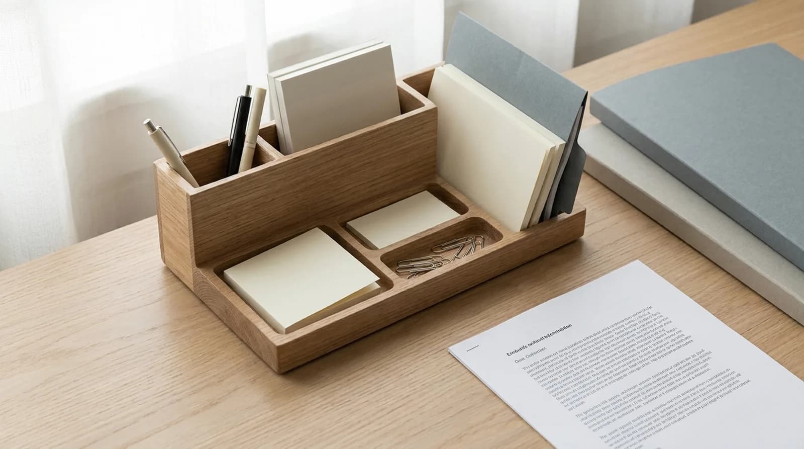 An administrative assistant's desk organiser beside a printed page