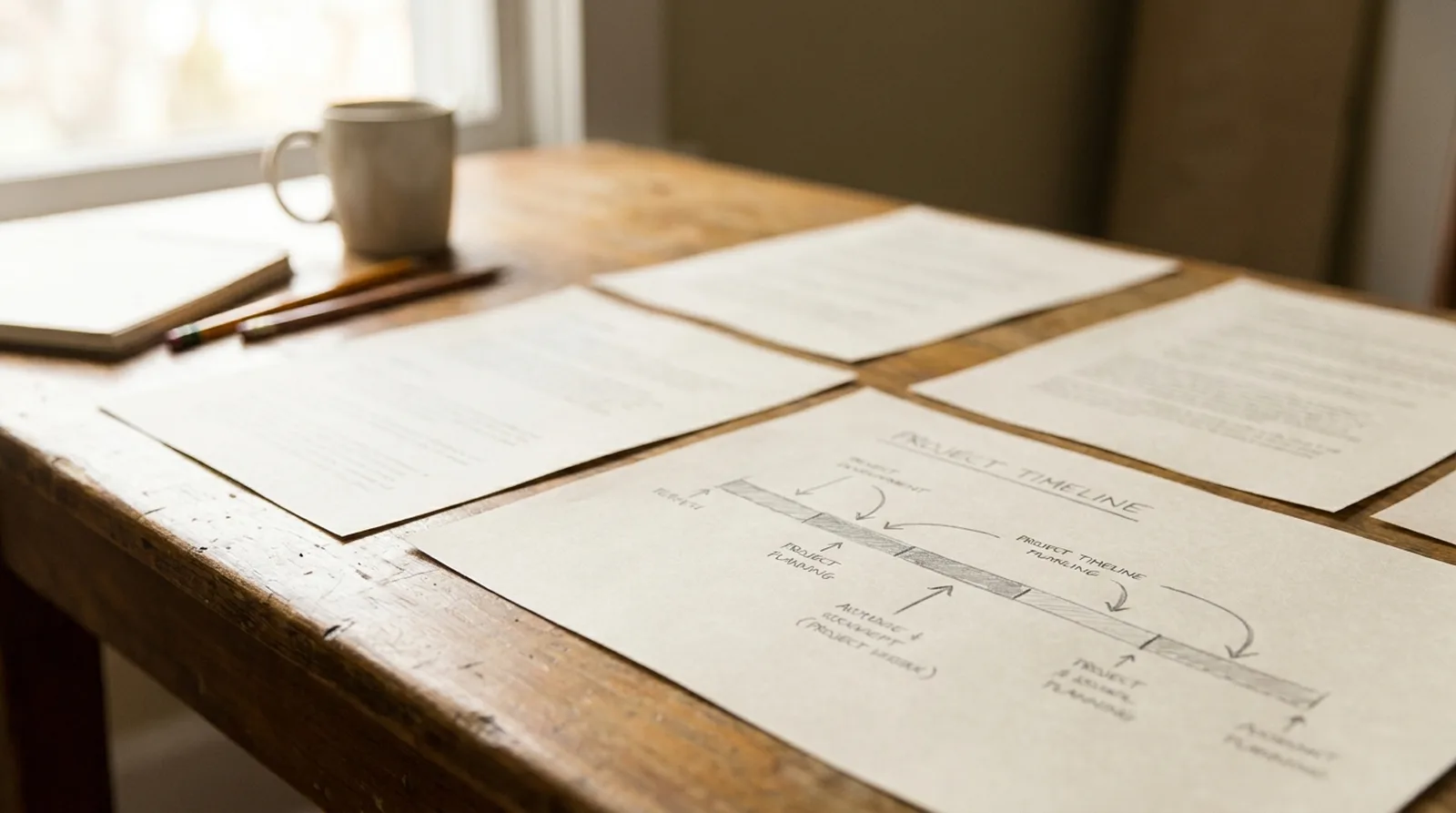 A project manager's timeline sketch and printed document on a wooden table