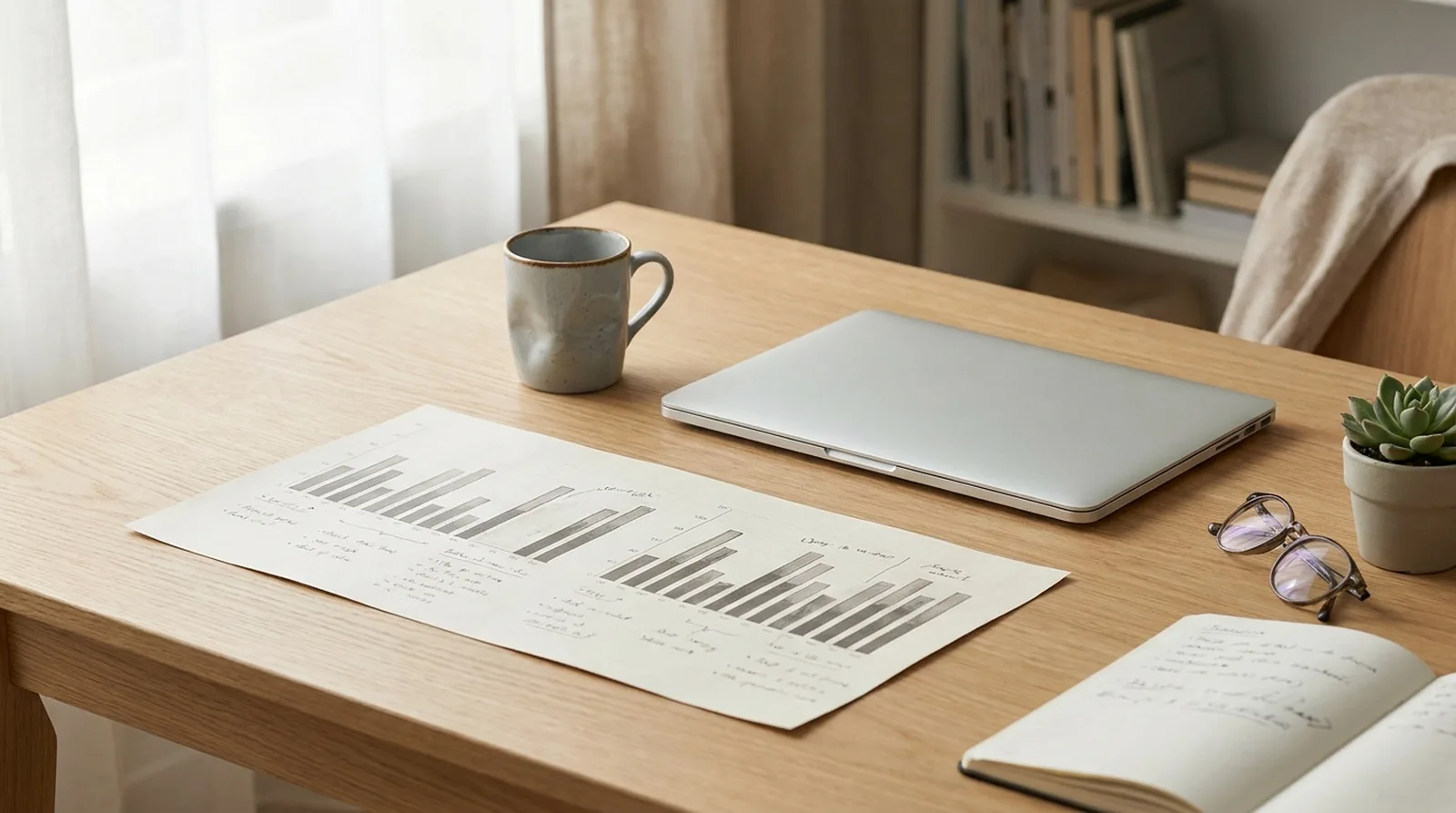 A data analyst's workspace: closed laptop, printed chart and a mug, no screen visible