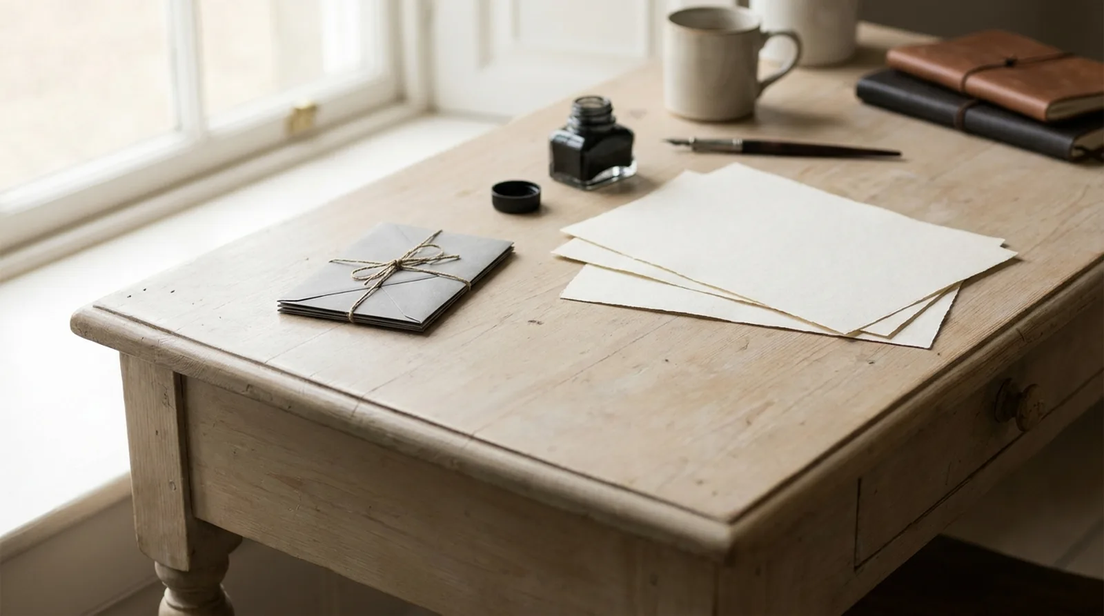 Bureau d'écriture avec papier à lettre, encrier et petite pile d'enveloppes