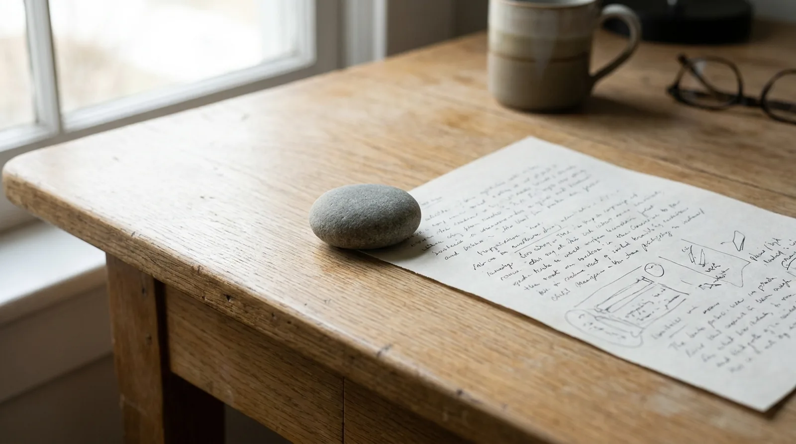 A letter page weighted by a smooth grey stone on a pale oak desk