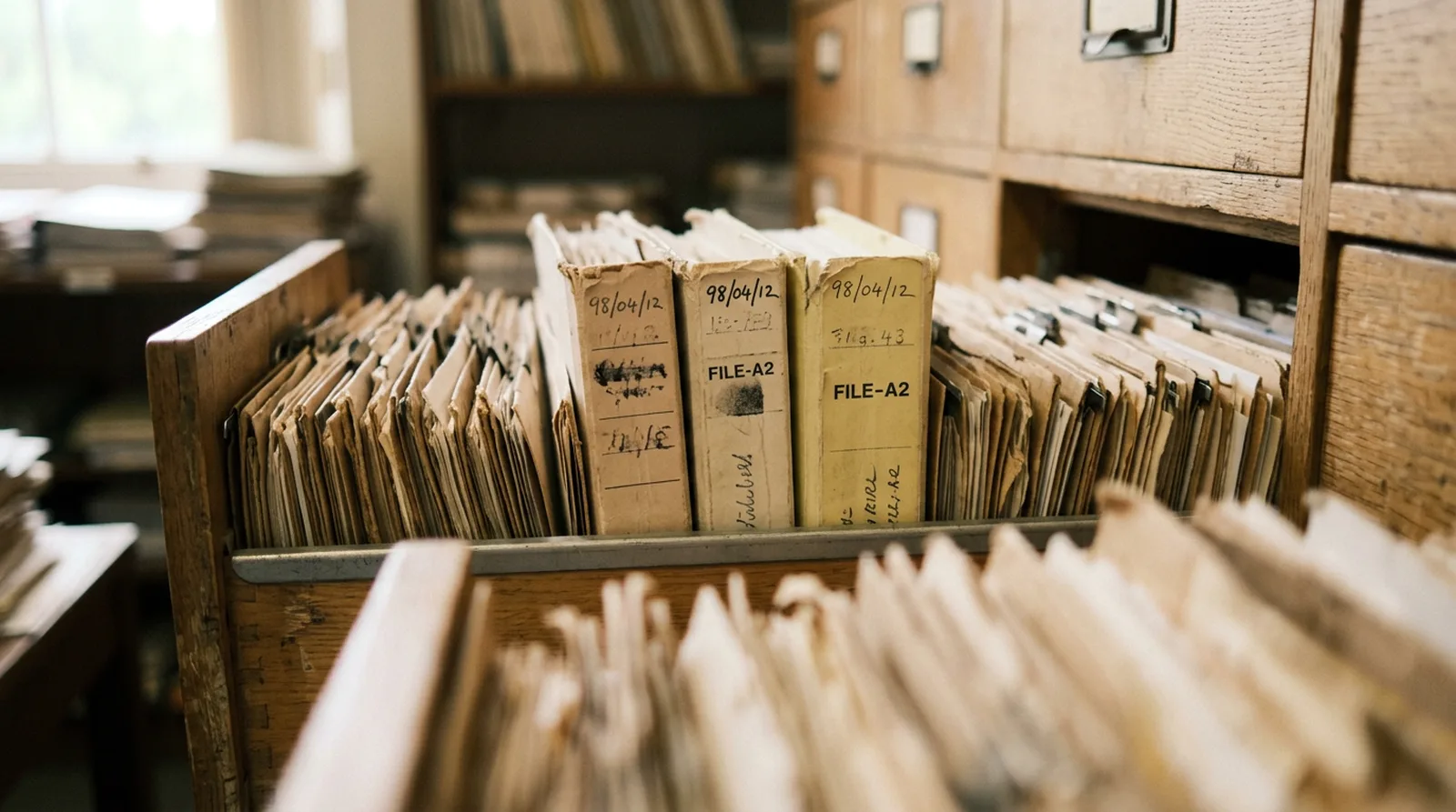 A row of upright document folders in an archive drawer, shallow focus