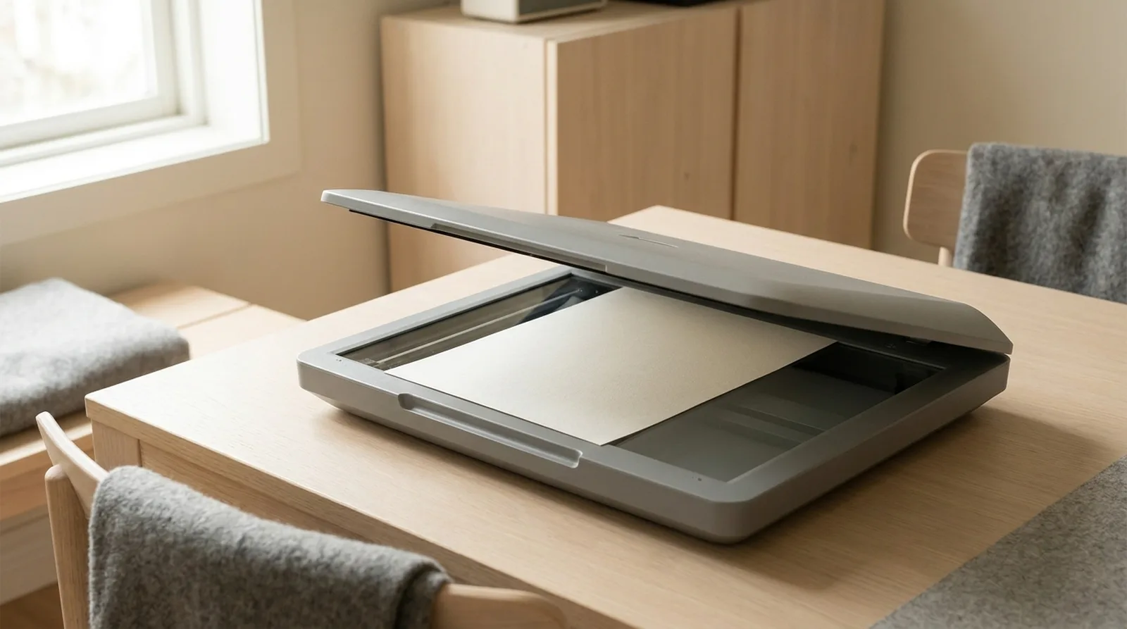 A scanner lid half open with a sheet of paper inside, soft light