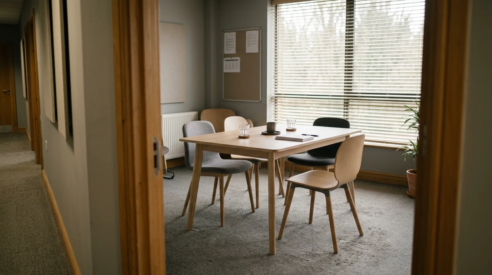 An empty interview room seen from the doorway, natural light through blinds