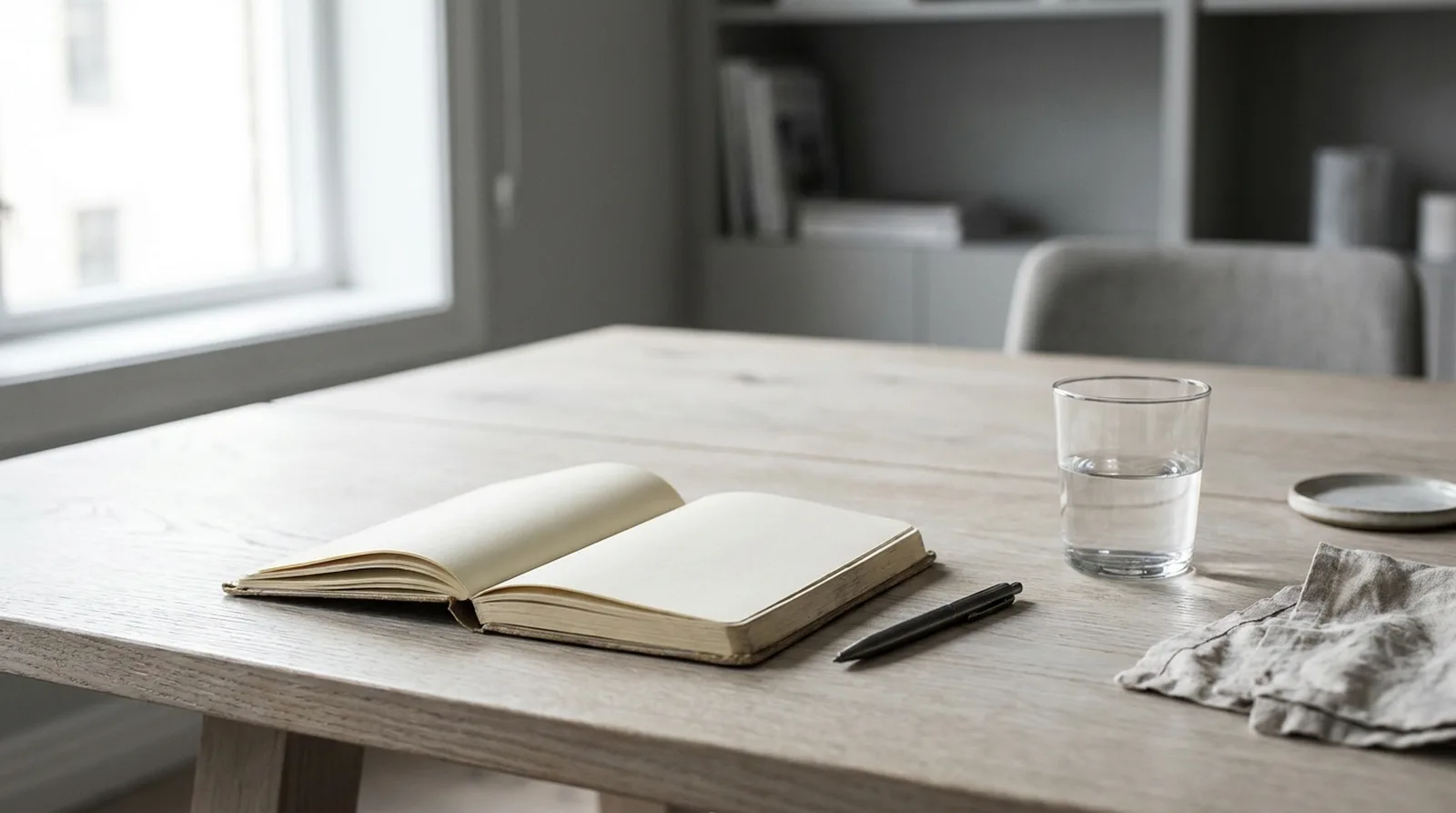 A notebook open to blank pages beside a pen and a water glass on a meeting table