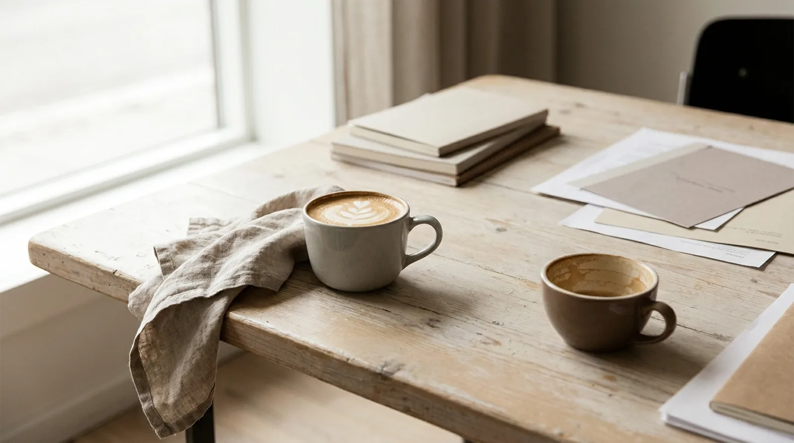 Two coffee cups on a meeting table, one untouched, soft window light