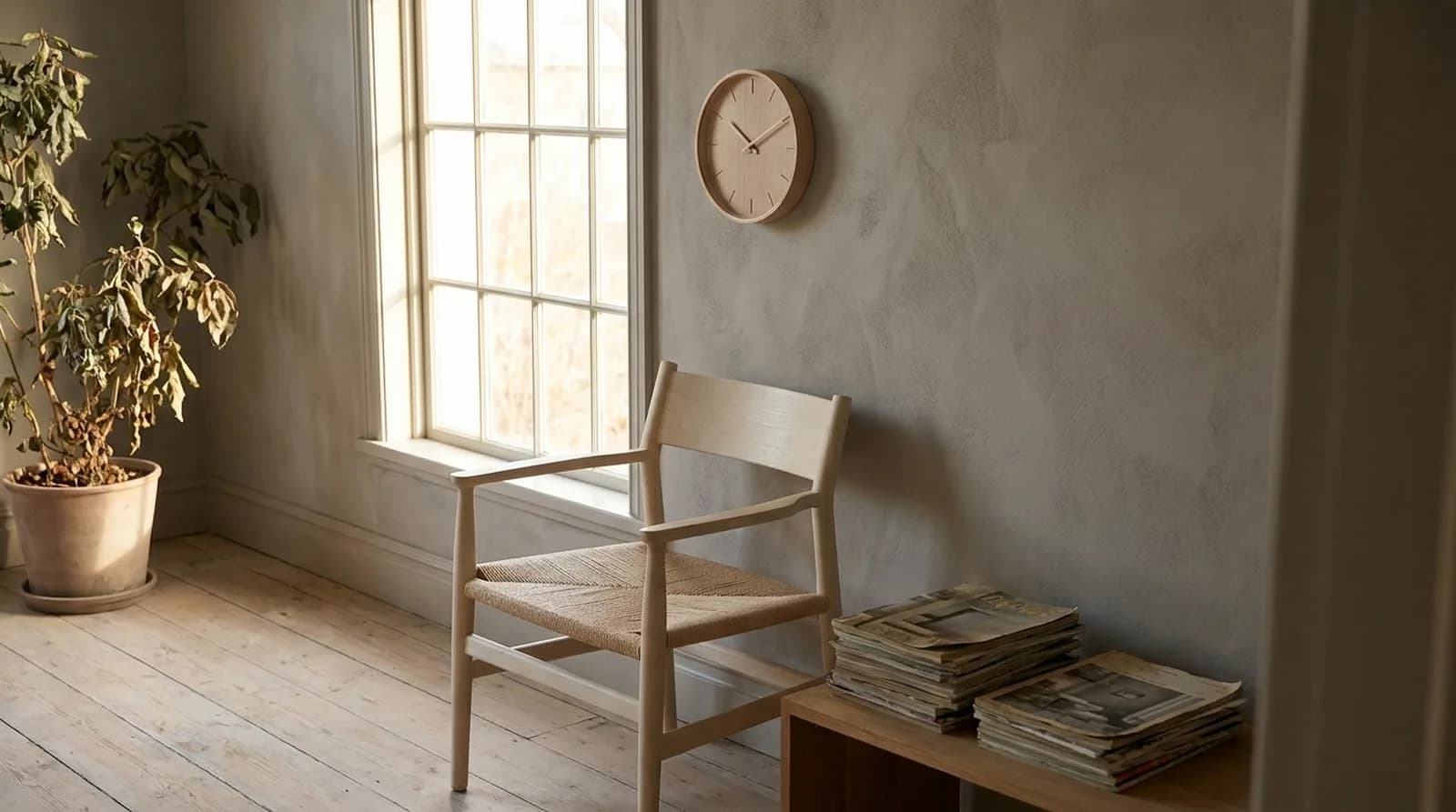 A wall clock and an empty chair in a waiting area with warm daylight