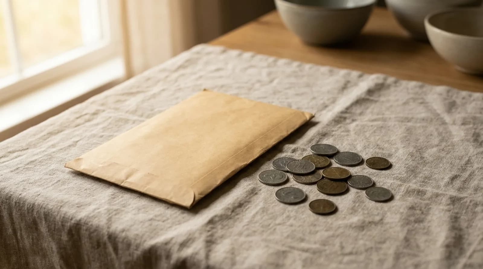 A small bank envelope and coins on a linen surface, warm light