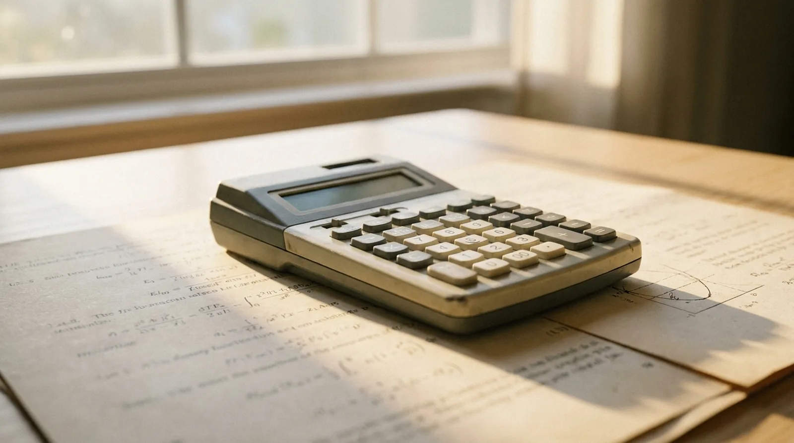 A pocket calculator resting on printed pages, morning light