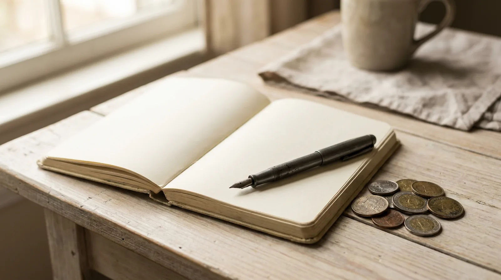 Pièces et stylo plume disposés à côté d'un carnet sur bois clair