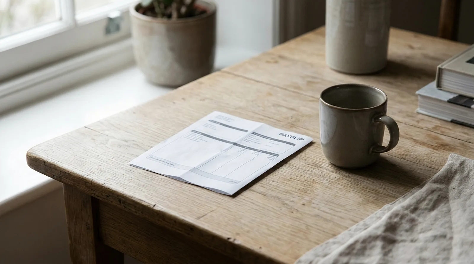 Document au format fiche de salaire, retourné, à côté d'une tasse sur un bureau