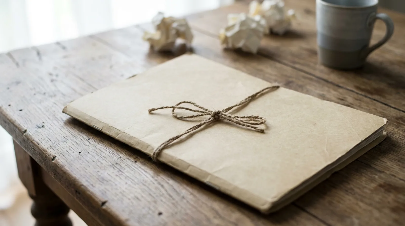 Chemise fermée par une ficelle posée sur une surface en bois