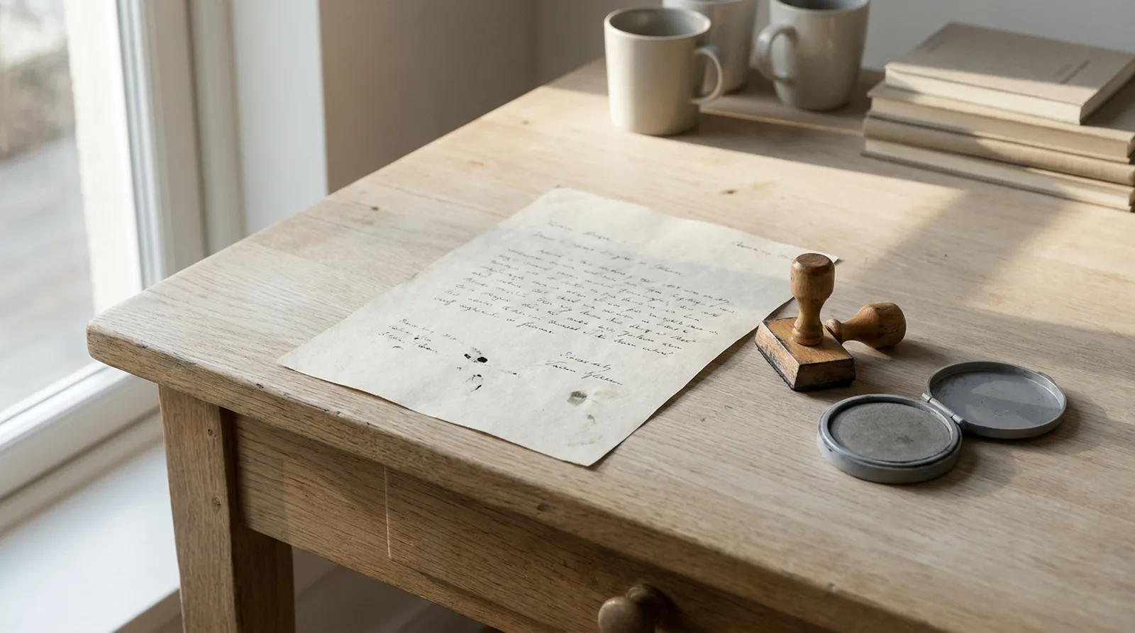A desk with a document, a rubber stamp and an ink pad