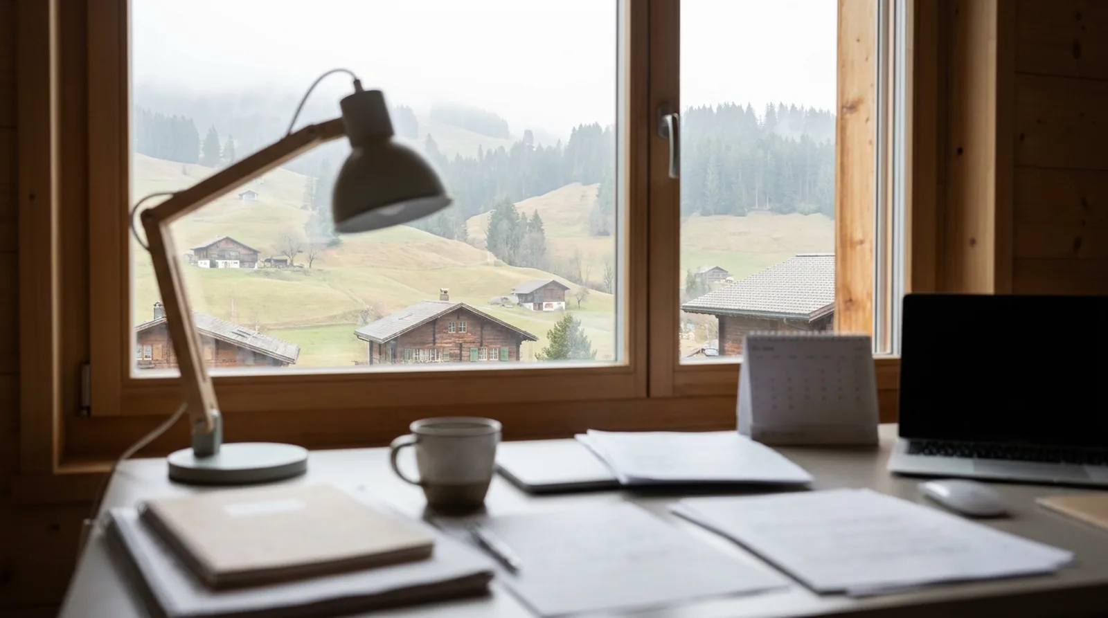 A view over a Swiss valley from a home office window, desk in foreground