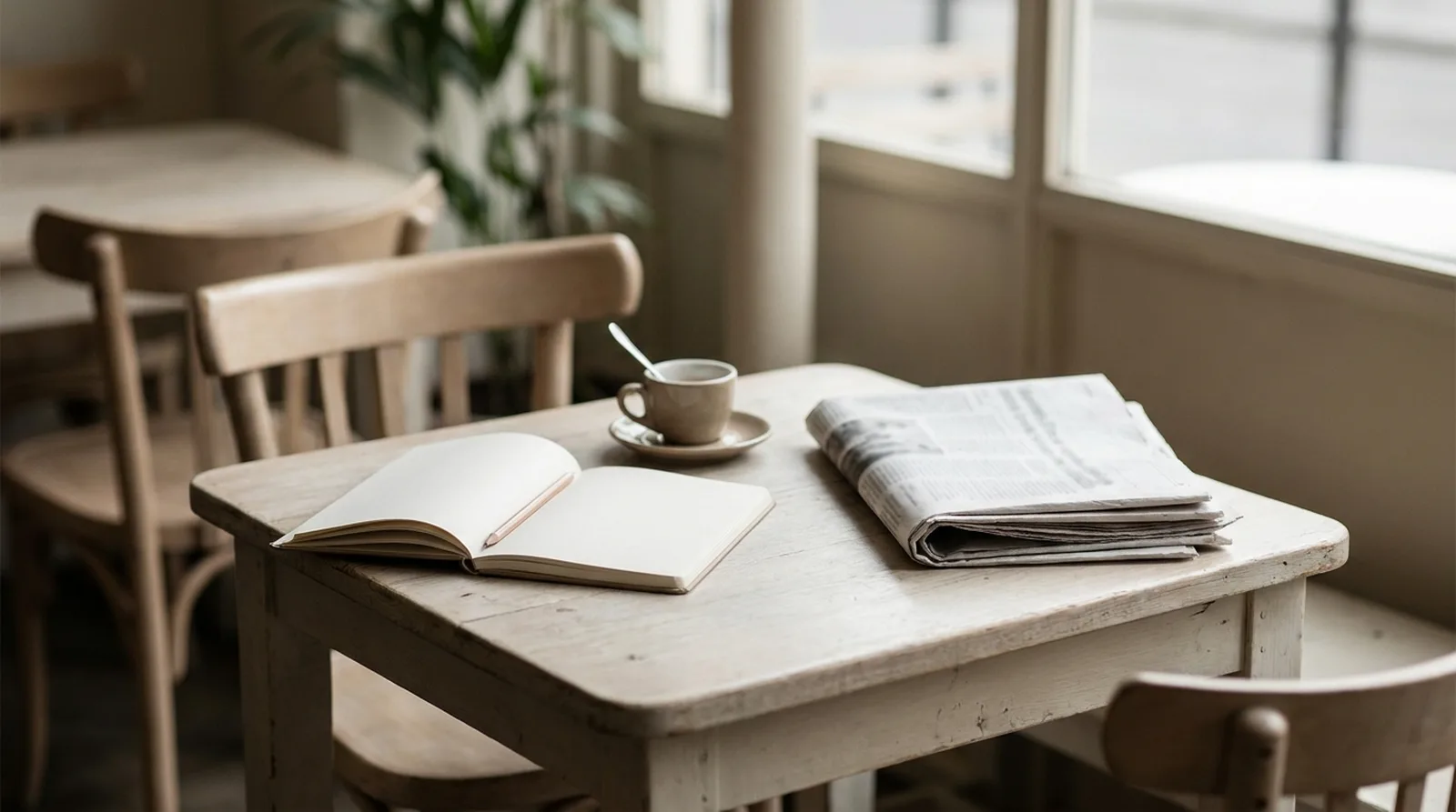A café table with a notebook, espresso cup and folded newspaper, no readable text