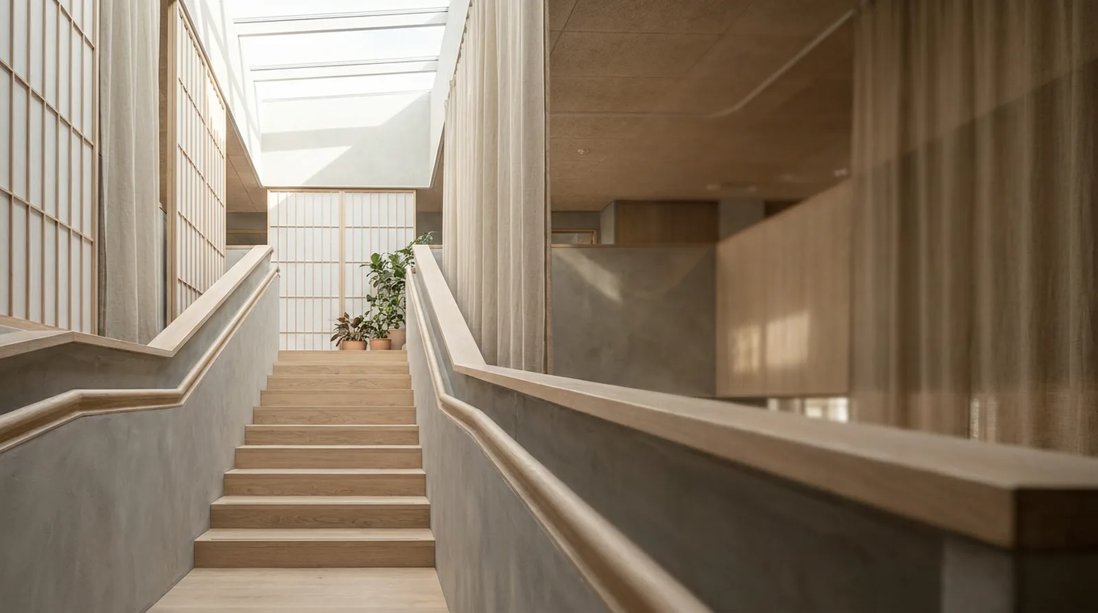 A staircase in a modern office building, natural light from above