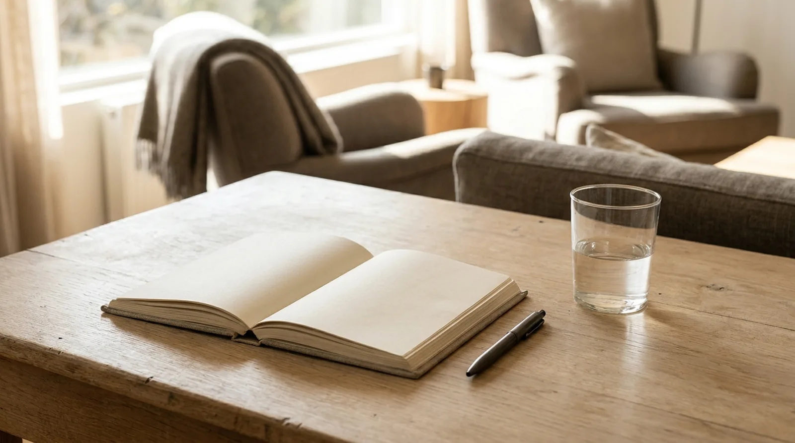 Bureau avec un agenda ouvert, un stylo et un verre d'eau