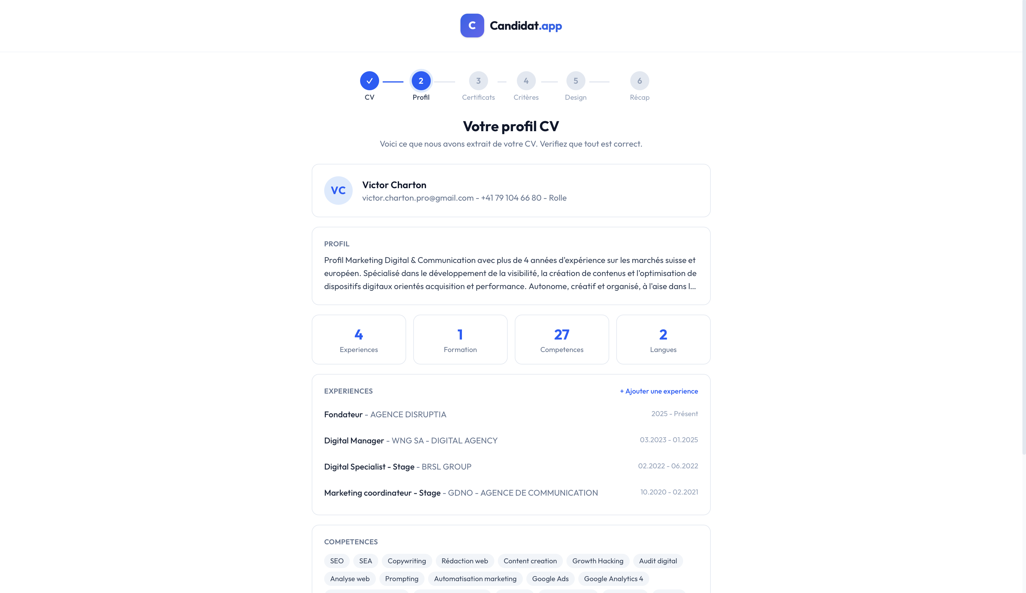 Résumé du profil extrait depuis le CV