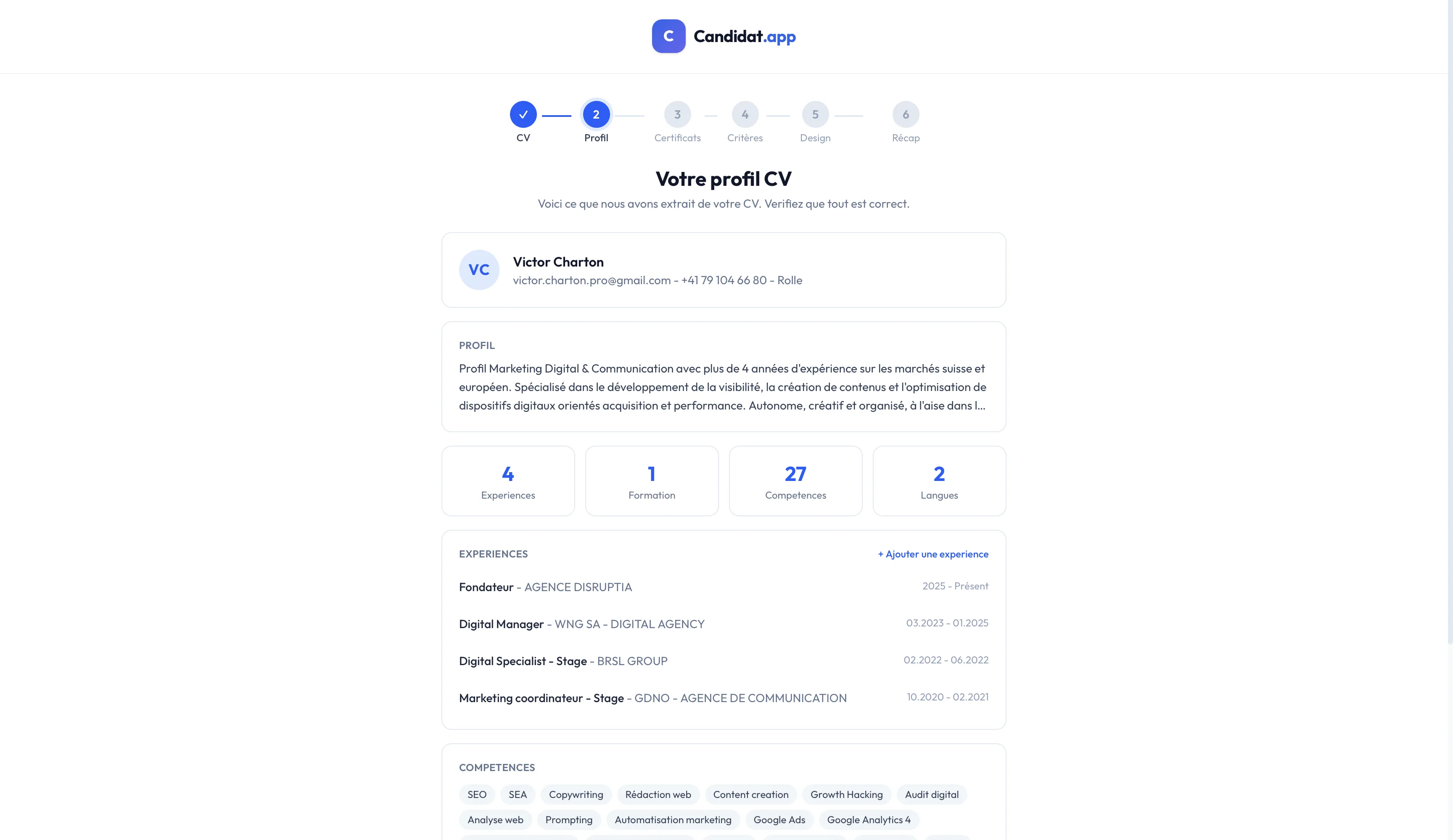 Résumé du profil extrait depuis le CV