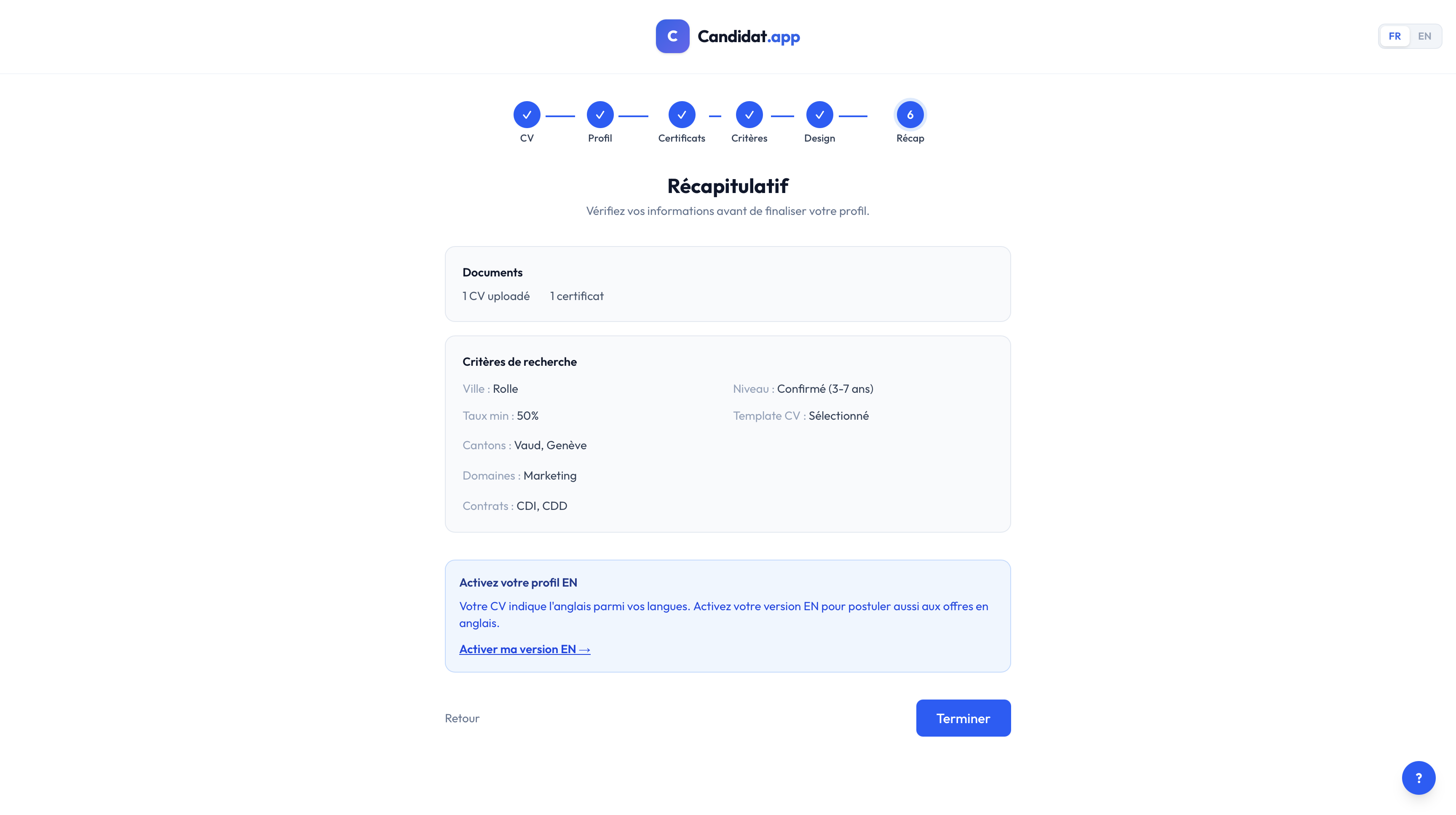 Écran de récapitulatif avant de finaliser le profil