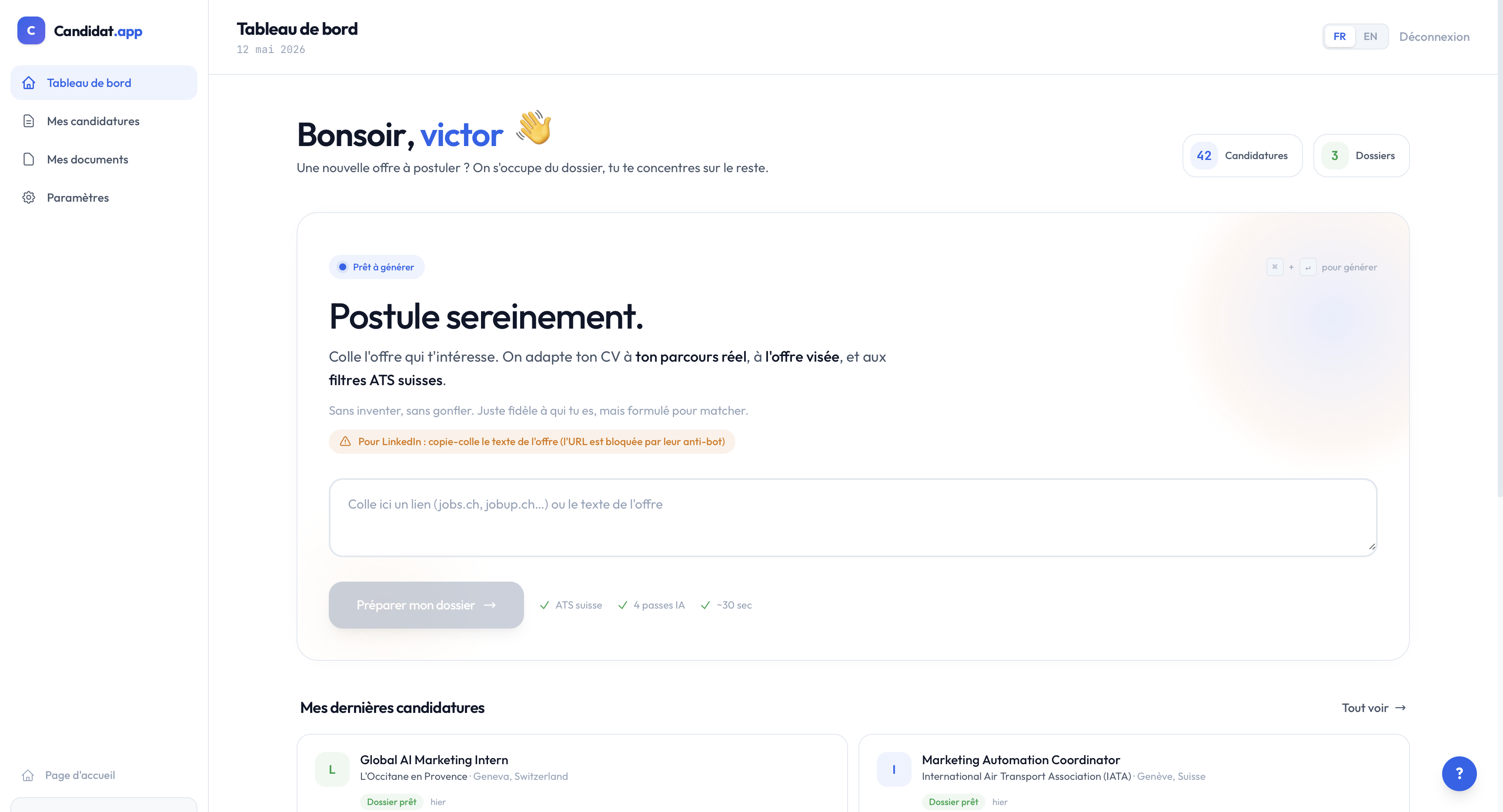 Page d'accueil avec le champ pour coller une offre