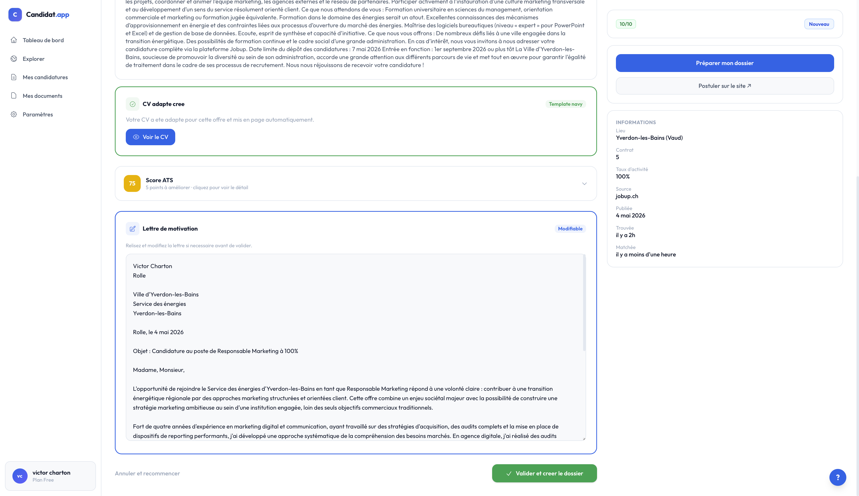 Dossier prêt avec CV, lettre et note de compatibilité