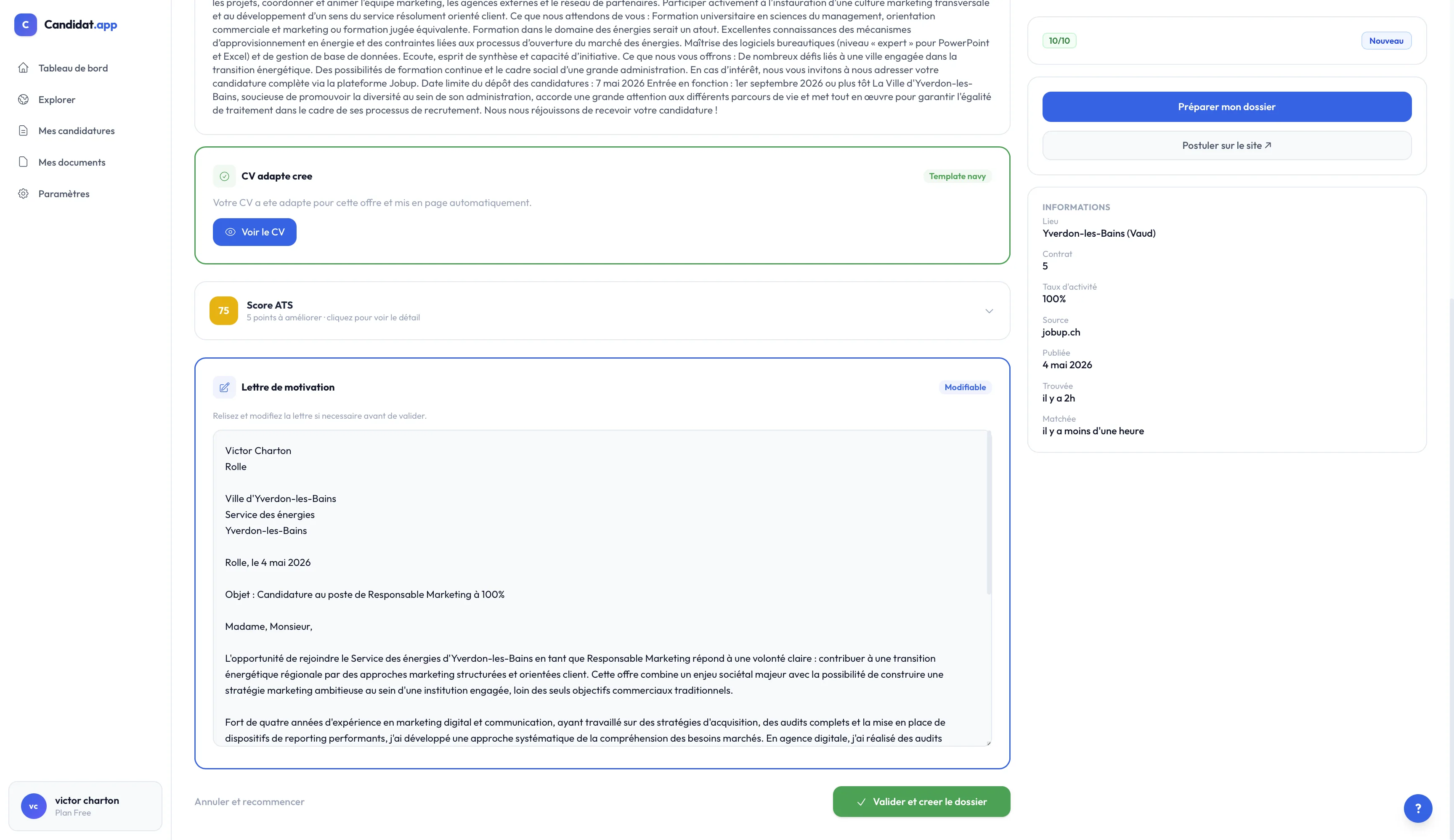 Dossier prêt avec CV, lettre et note de compatibilité