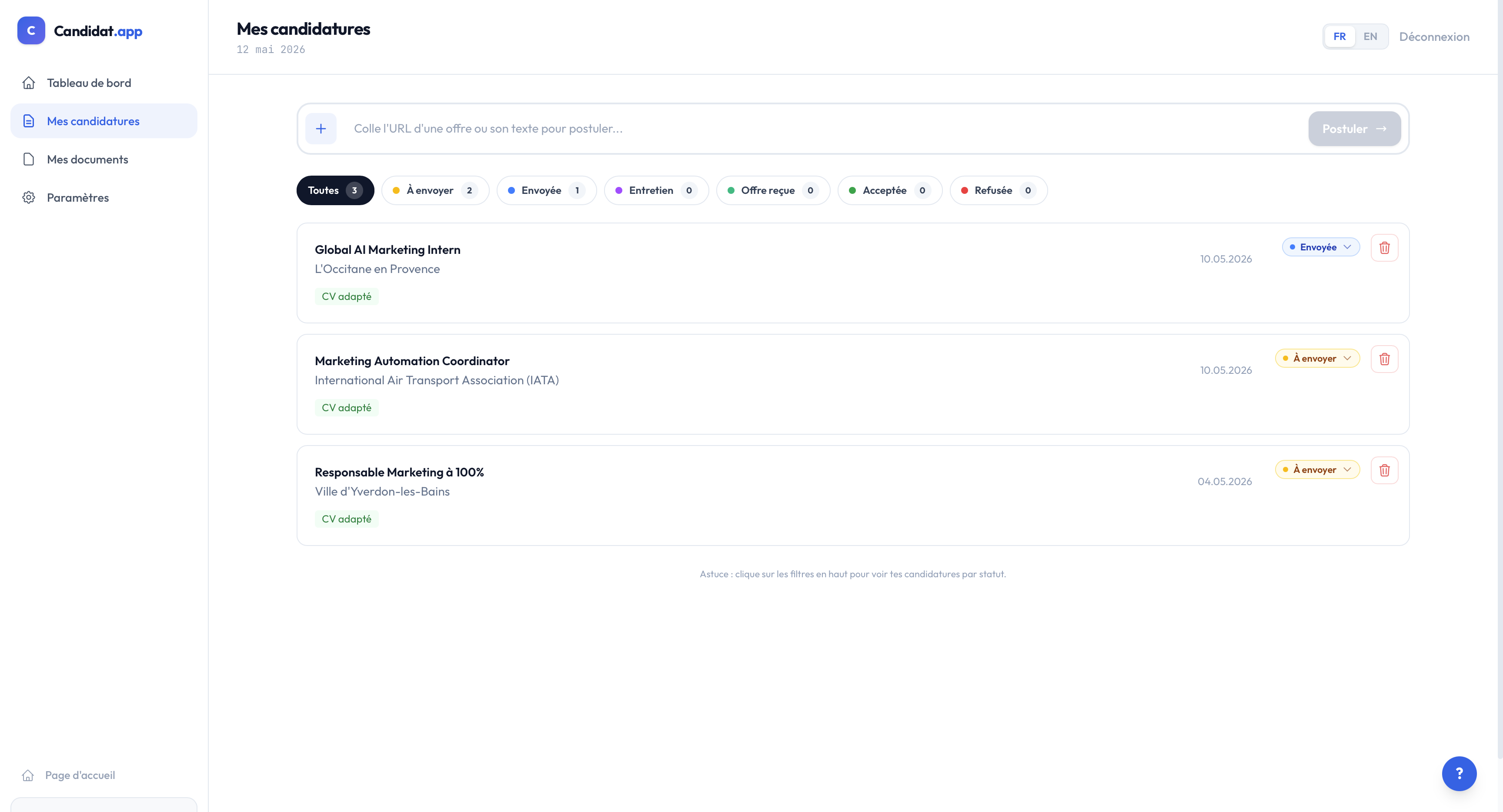Page Mes candidatures avec les filtres par statut et les badges de chaque candidature