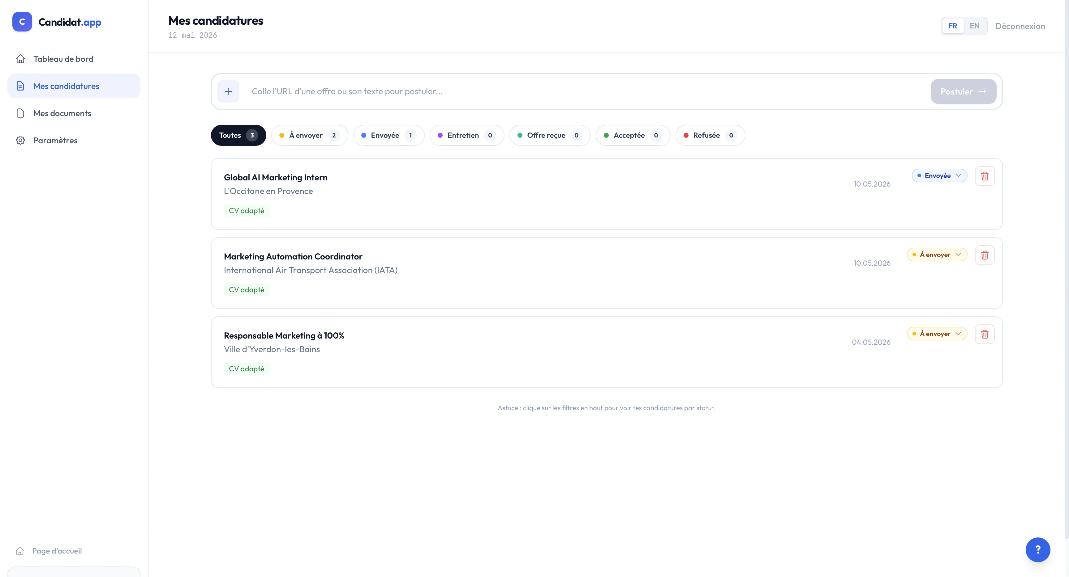 Page Mes candidatures avec les filtres par statut et les badges de chaque candidature